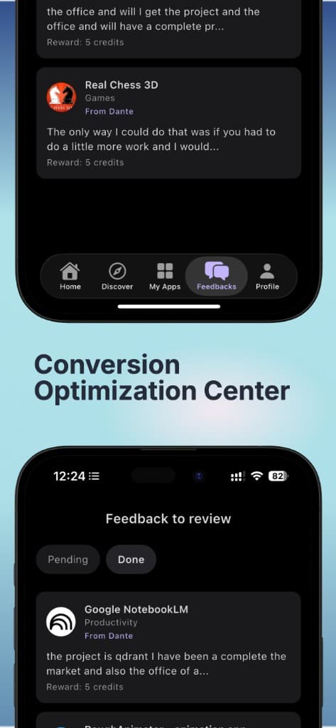 IndieCircle product screen: Conversion Optimization Center — feedback inbox and rewards
